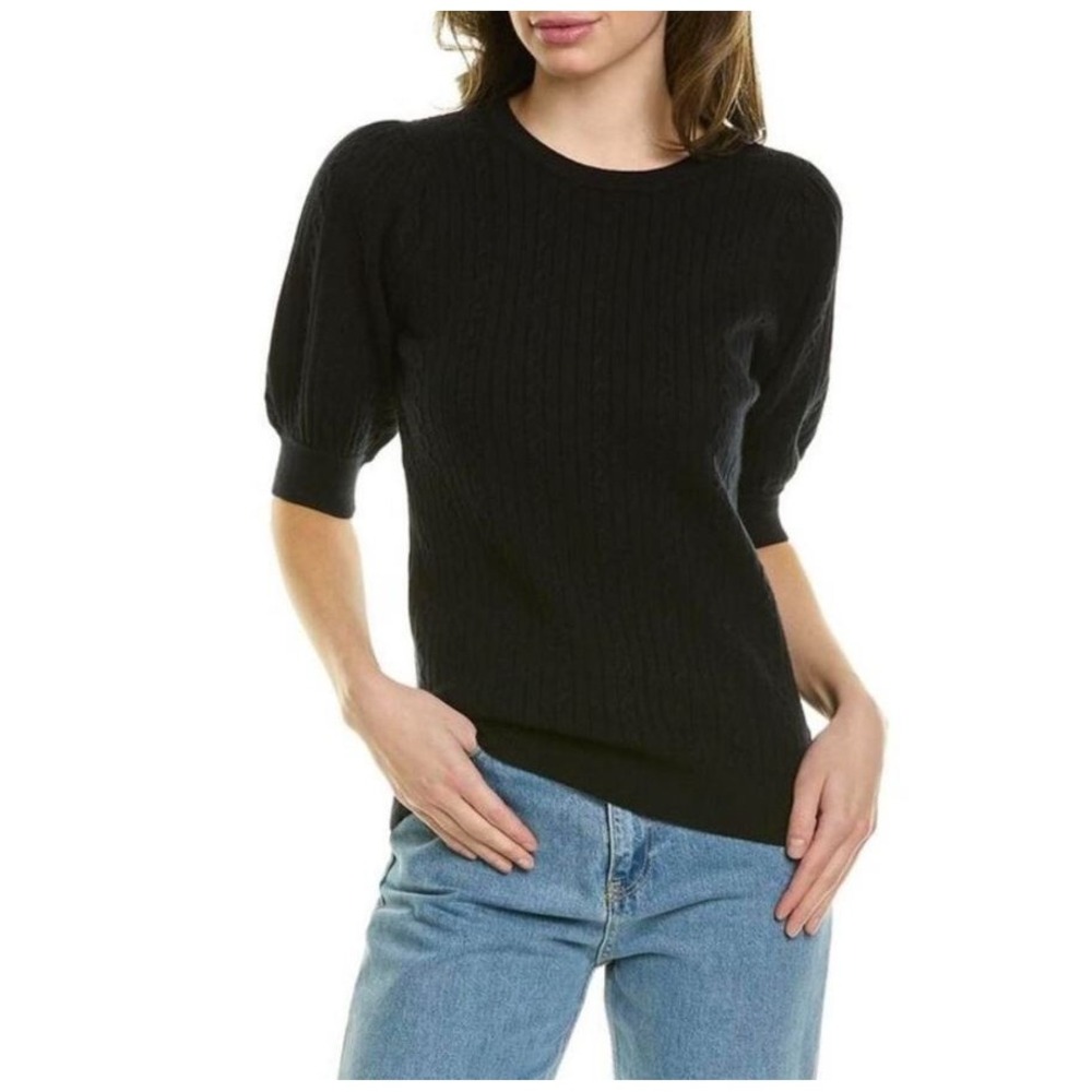 Tahari Women Black Light Sweater M Viscose Blend TH24343 Crew Neck Puff Sleeve